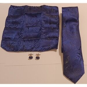 NEW DiBanGu Dark Blue Paisley Silk Dress Tie Necktie Handkerchief Cufflink Set